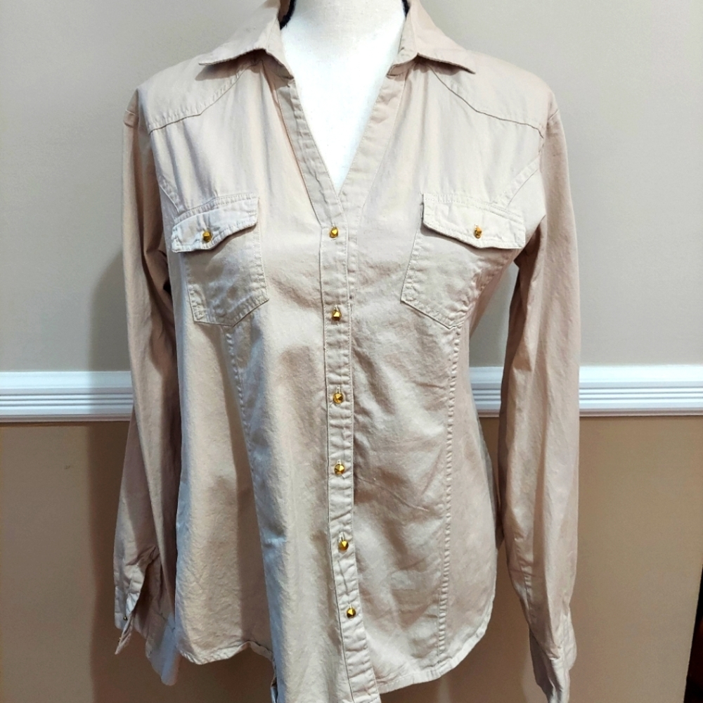 Woven button down long sleeve shirt. Stone colored